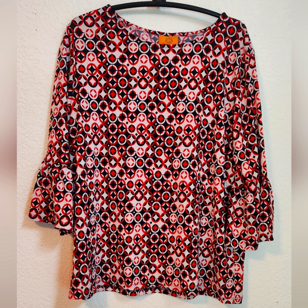 Ruby Rd. Women's Blouse with Textured Geometric Fabric and Bell Sleeves, Size PS